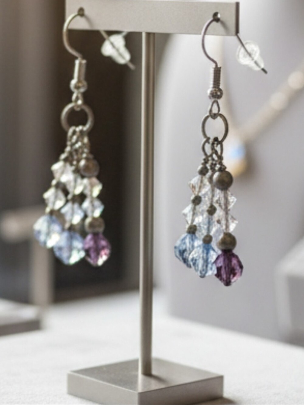 Handmade Crystal Cluster Drop Earrings in Blue and Purple